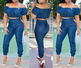 Fisace Short Sleeve Off Shoulder Denim Crop Top Pants Suit Set Jumpsuit 2 Pieces