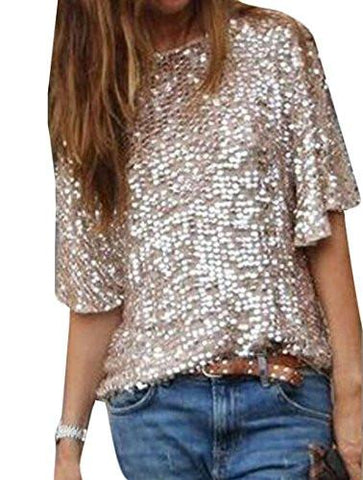 M2Mo Sexy Short Sleeve Sequins Tshirt Tops Golden US M