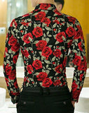 M2MO CASUAL LONG SLEEVE ROSE PRINT BUTTON DOWN SHIRT BLACK US S