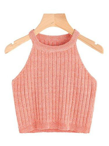 Knit Crop Top Ribbed Sleeveless Halter Neck Vest Tank Top Orange