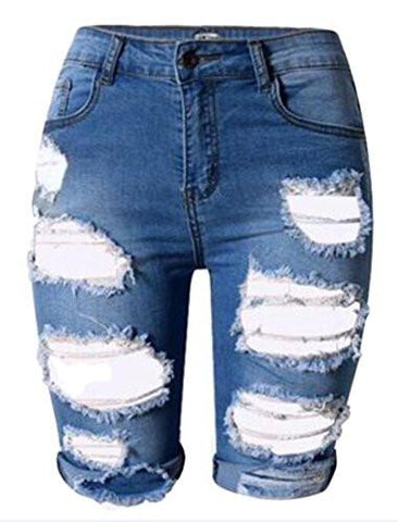 M2Mo High Waist Capri Sexy Ripped Hole Denim Shorts Dark Blue US S