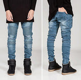 Blue Gray Casual Skinny Slim Fitted Jogger Denim Stretch Fold Pants With Pockets 32 Blue