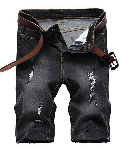 IWOLLENCE RIPPED DISTRESSED JEANS SLIM FIT ELASTIC DENIM SHORTS WITH HOLE BLACK GRAYUS 32
