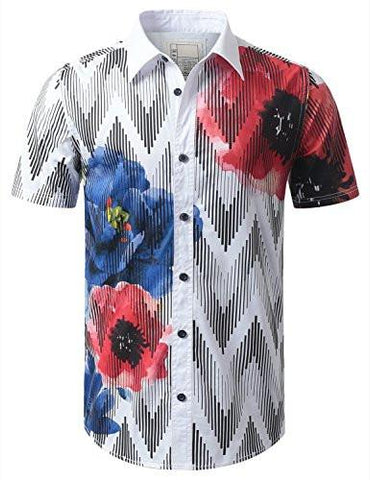 URBANCREWS Hipster Hip Hop Floral Short Sleeve Button Down Shirt WHITE S