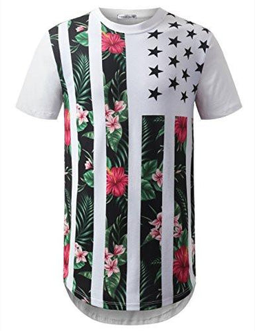 URBANCREWS Hipster Hip Hop Floral USA Flag Longline Tshirt WHITE XLARGE