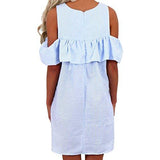 Molfroa Casual Feifei Sleeve Off Shoulder Round Neck Stripe Print Teens Tshirt Dresses MLight Blue
