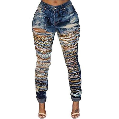 Knee Casual Stylish Hip Hop Skinny Denim Pants Ripped Chain Xl Blue