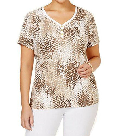ShortSleeve Henley Button Neck Snake Print Blouse 1XLarge