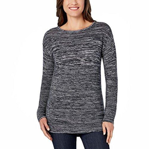 Ellen Tracy Marled Knit Pullover Long Sleeved Sweater Boat Neck Large Black Ivory